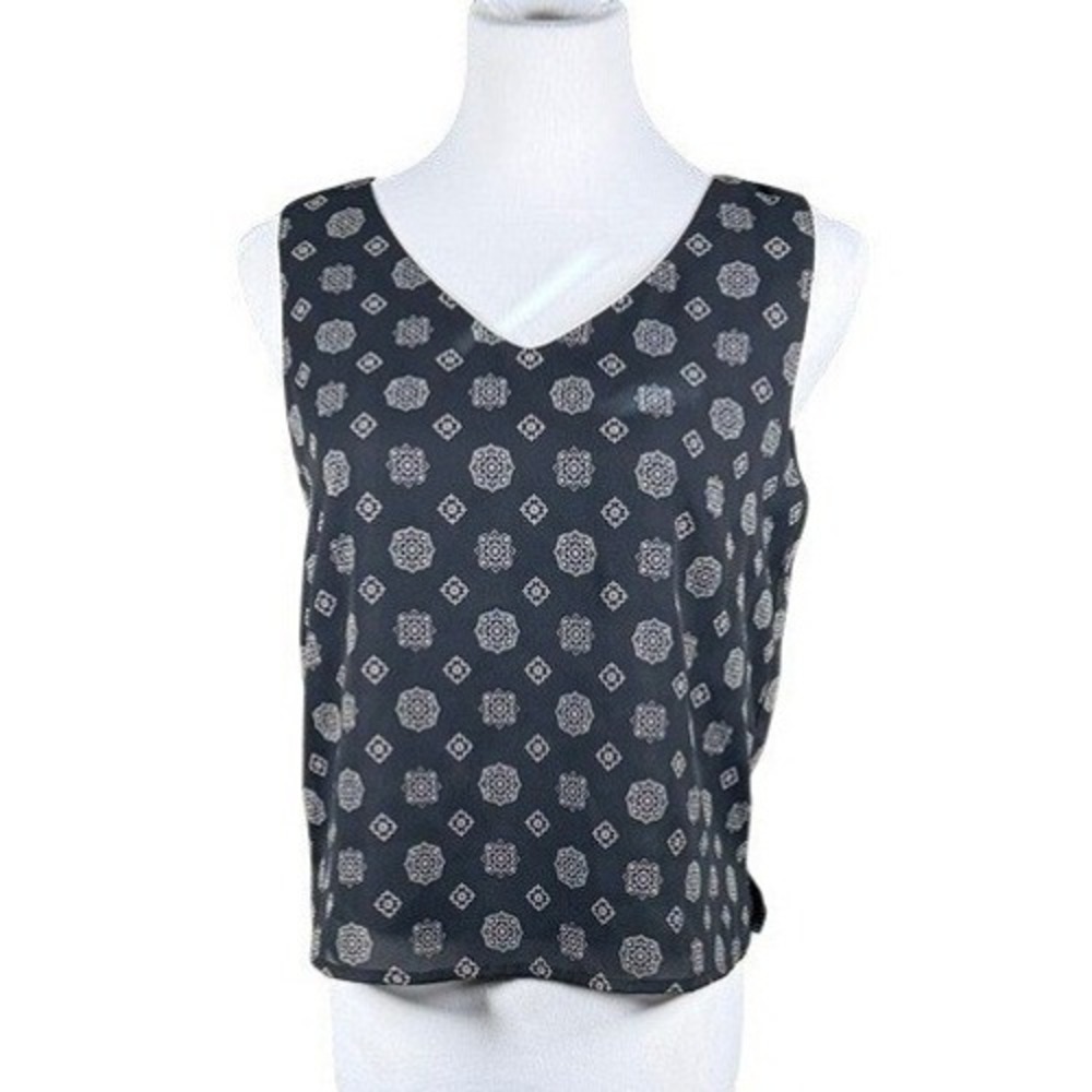 Coldwater Creek Womens Black Medallion Print Sleeveless V-Neck Shell‎ Top Small